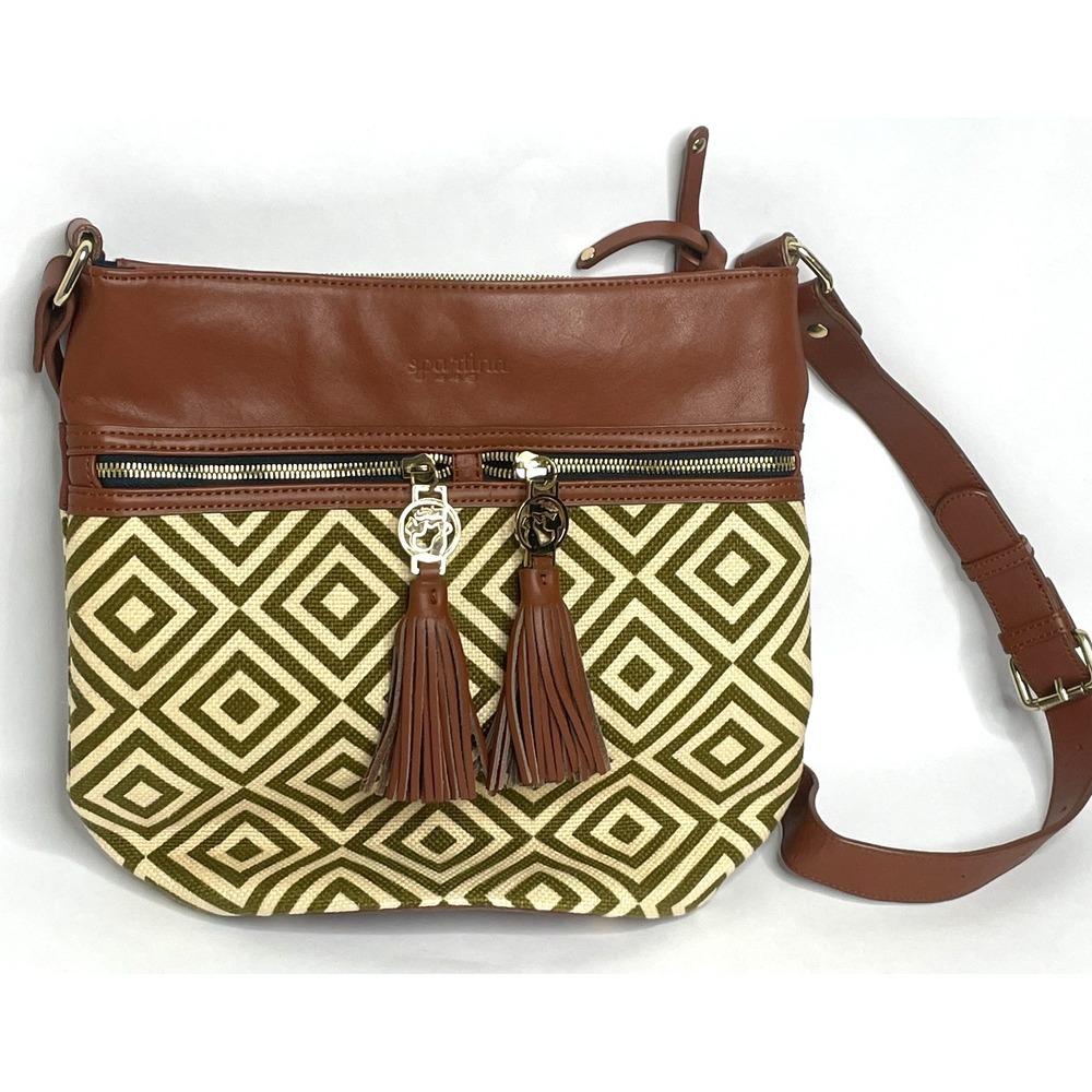 Spartina 449 Crossbody Linen‎ Leather Bag Geometric Tassel Purse Olive Green